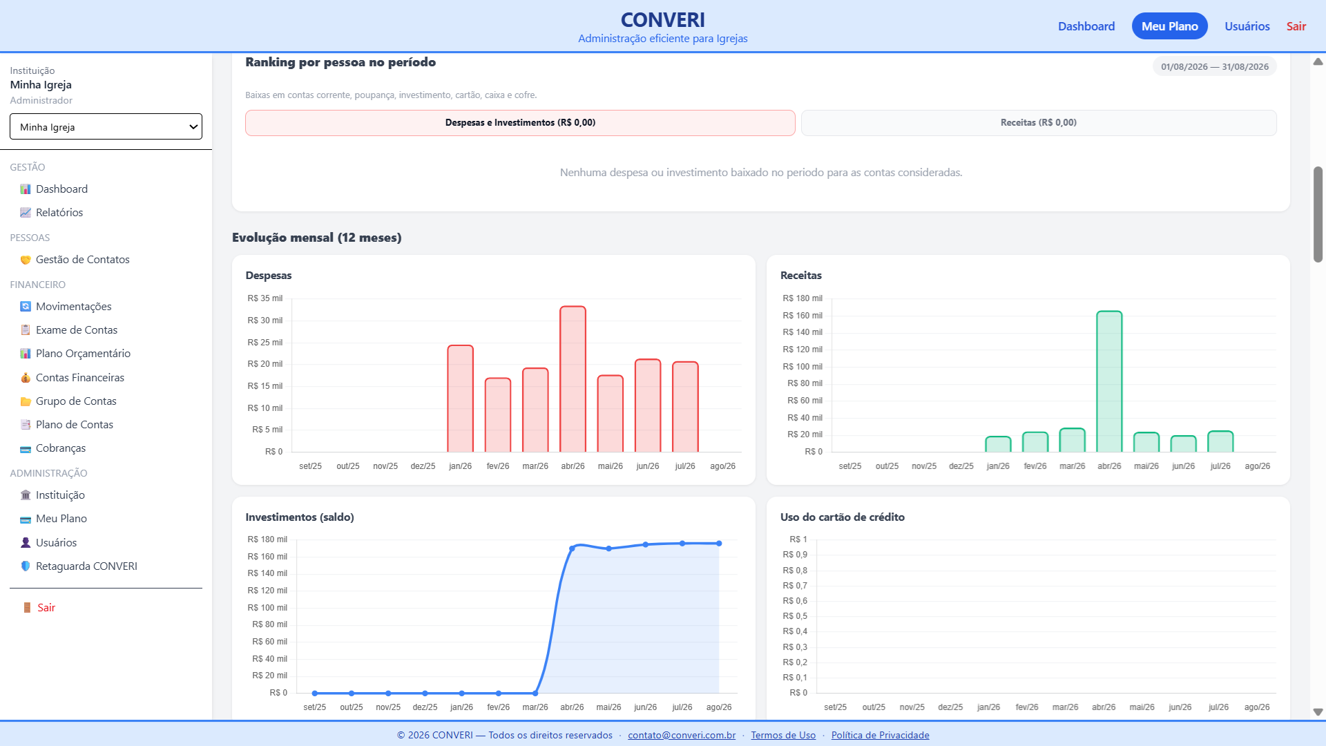 Tela do sistema de gestão financeira para igrejas CONVERI — 1