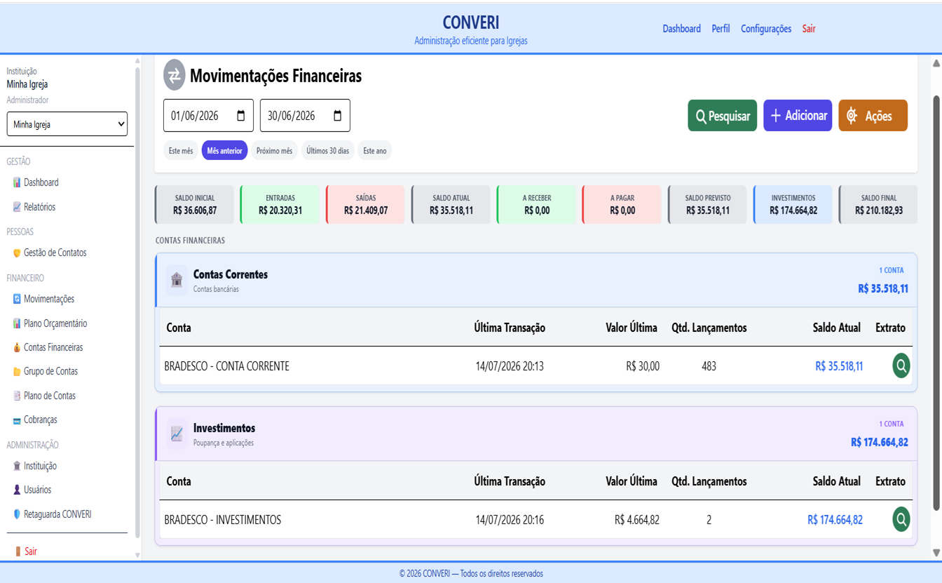 Tela do sistema de gestão financeira para igrejas CONVERI — 5