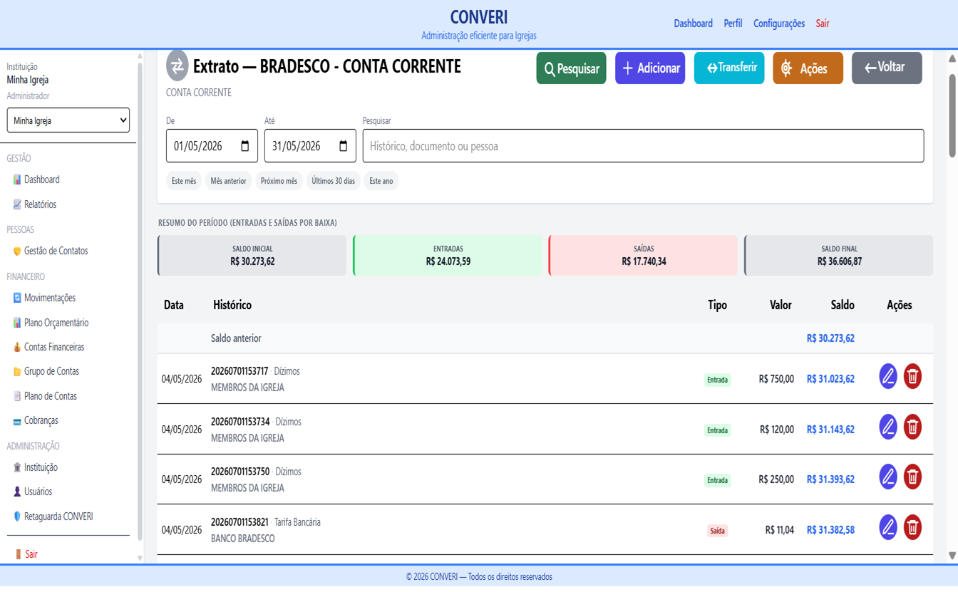 Tela do sistema de gestão financeira para igrejas CONVERI — 6