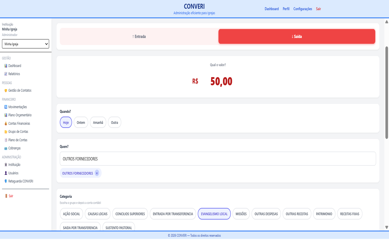 Tela do sistema de gestão financeira para igrejas CONVERI — 7