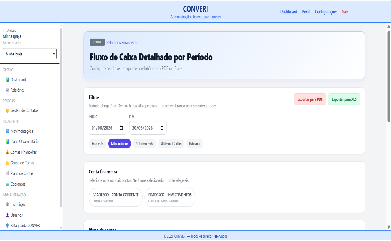 Tela do sistema de gestão financeira para igrejas CONVERI — 8