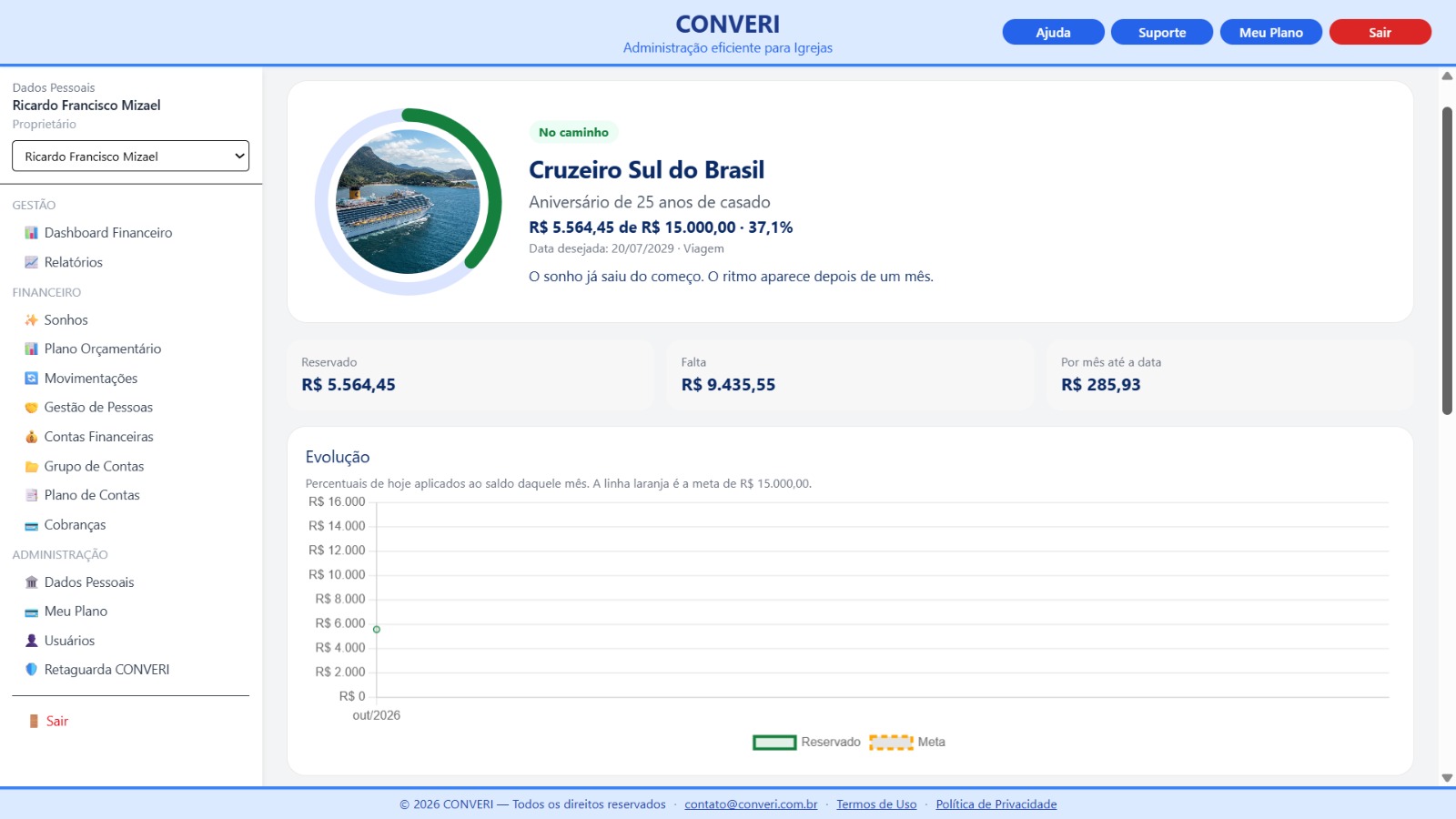 Tela do sistema de gestão financeira para igrejas CONVERI — 16