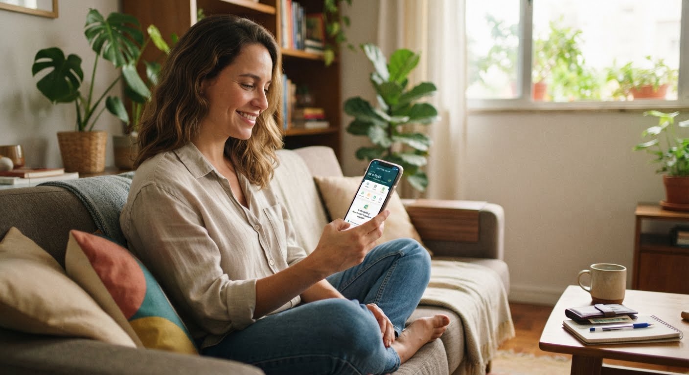 Pessoa em casa acompanhando as finanças pessoais no celular