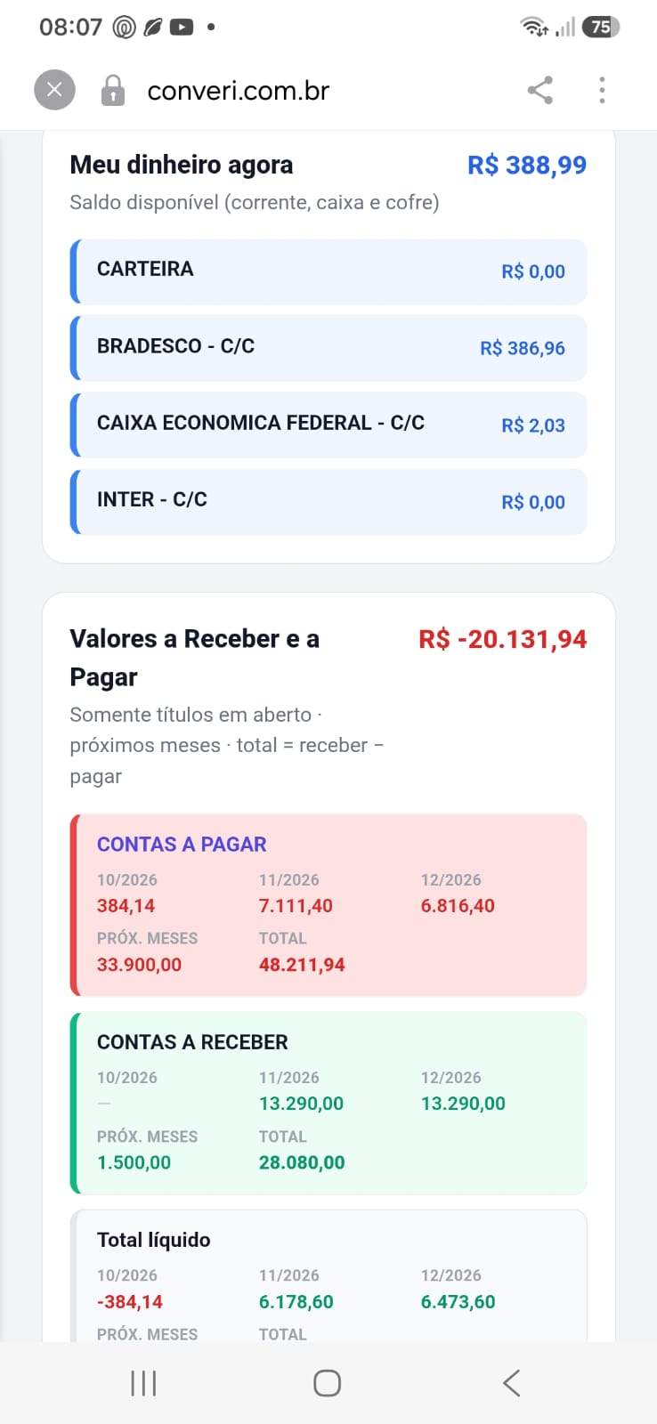 Tela do CONVERI no celular, com saldo, contas a pagar e contas a receber