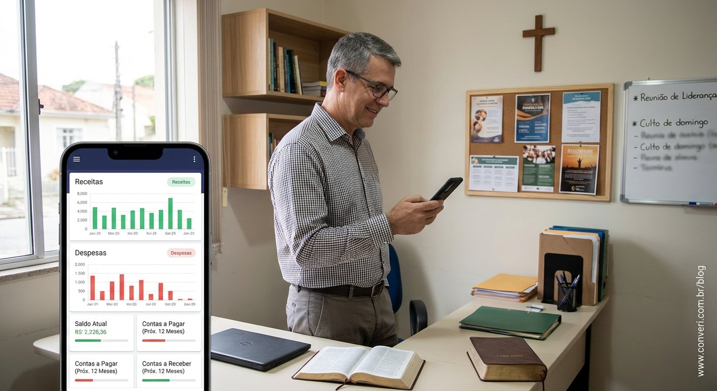 Pastor consultando o painel financeiro da igreja no celular