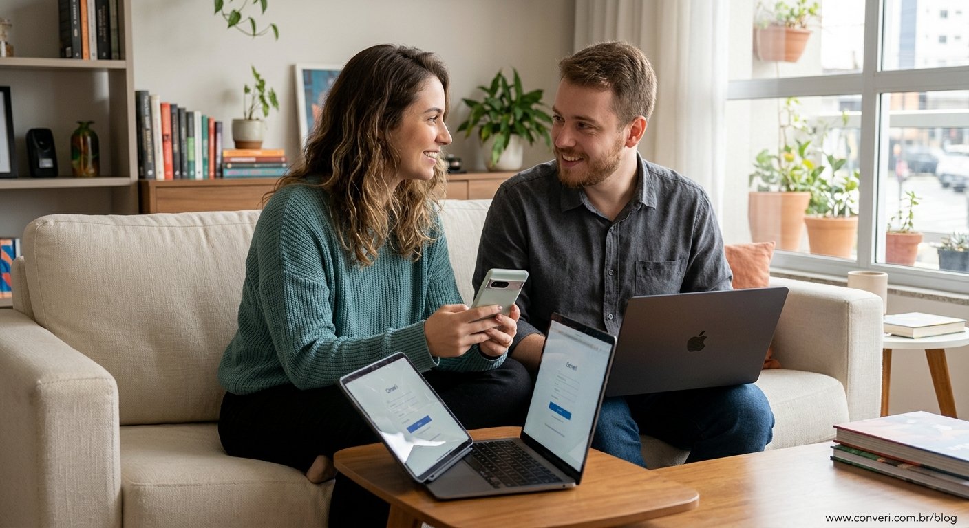 Família à mesa olhando juntos as contas da casa